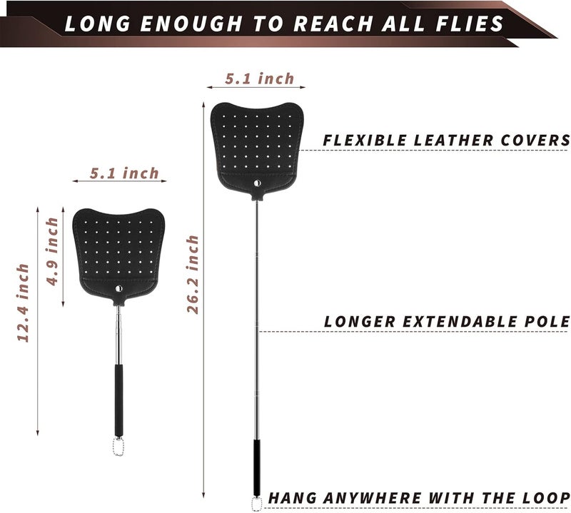 Foxany Leather Fly Swatter, Telescopic Heavy Duty Fly Swatters, Flexible Manual Flyswatters Set, Extendable Swatter with Stainless Steel Long Handle for Indoor Outdoor - Image 2